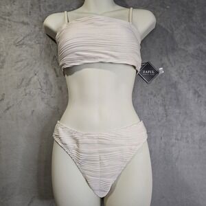 Zaful Small Strapless Textured Bandeau‎ Bikini Set Swimsuit Cheeky Solid Lace Up